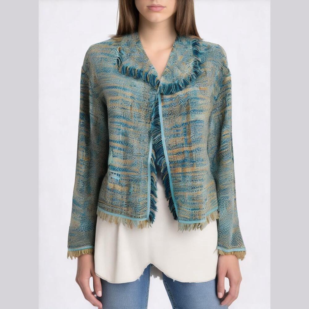 Vtg Bets by Canvasbacks Blue & Tan Woven Tweed Fringe Cropped Blazer Women Sz M
